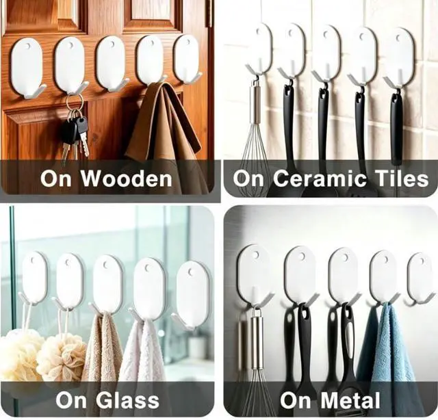 Alt view image 7 of 7 - 5Pack Heavy Duty Self-Adhesive Hanging Hooks Door Hooks Wall Hook for Keys, Bathroom, Shower, Outdoor, Kitchen, Door, Home Improvement, Utility Room-Thickened Carbon Steel (White)