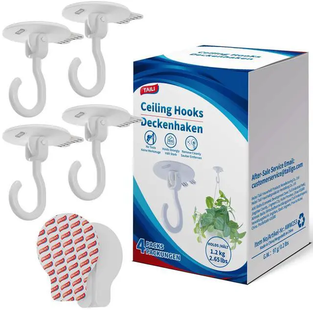 Main image of Adhesive Ceiling Hooks for Hanging Plants, Heavy Duty No-Drill Removable Sticky Wall Hooks Hanging Christmas Lights Garland Coat for Door Kitchen, Renter Friendly - 4 Pack White