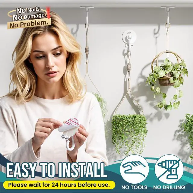 Alt view image 3 of 7 - Adhesive Ceiling Hooks for Hanging Plants, Heavy Duty No-Drill Removable Sticky Wall Hooks Hanging Christmas Lights Garland Coat for Door Kitchen, Renter Friendly - 4 Pack White