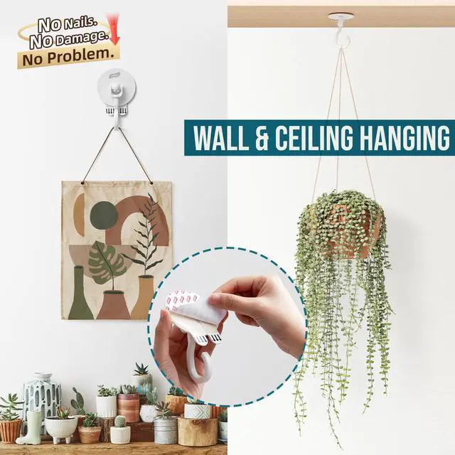 Alt view image 5 of 7 - Adhesive Ceiling Hooks for Hanging Plants, Heavy Duty No-Drill Removable Sticky Wall Hooks Hanging Christmas Lights Garland Coat for Door Kitchen, Renter Friendly - 4 Pack White