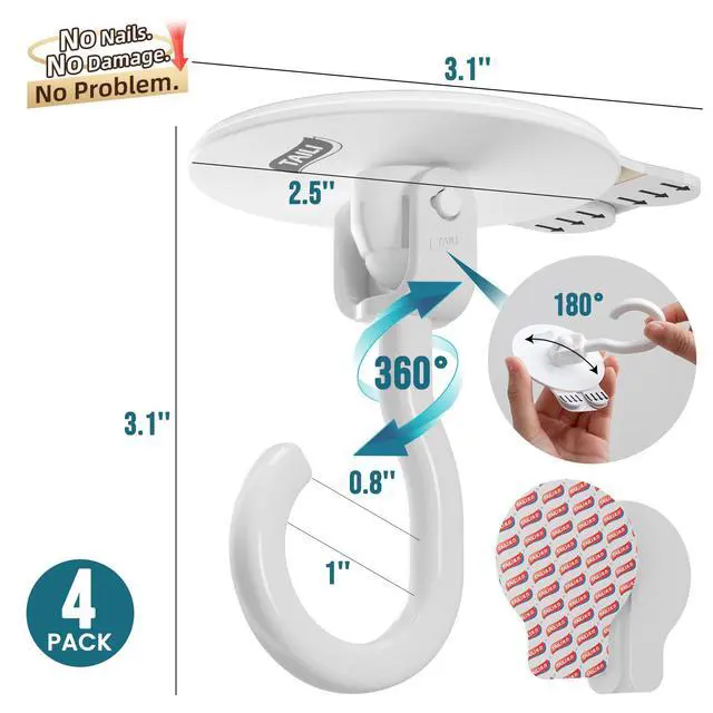 Alt view image 6 of 7 - Adhesive Ceiling Hooks for Hanging Plants, Heavy Duty No-Drill Removable Sticky Wall Hooks Hanging Christmas Lights Garland Coat for Door Kitchen, Renter Friendly - 4 Pack White