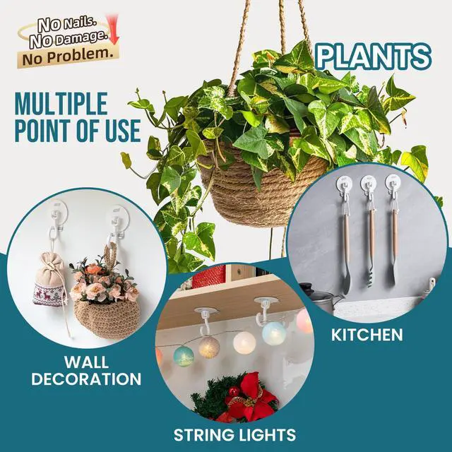 Alt view image 7 of 7 - Adhesive Ceiling Hooks for Hanging Plants, Heavy Duty No-Drill Removable Sticky Wall Hooks Hanging Christmas Lights Garland Coat for Door Kitchen, Renter Friendly - 4 Pack White