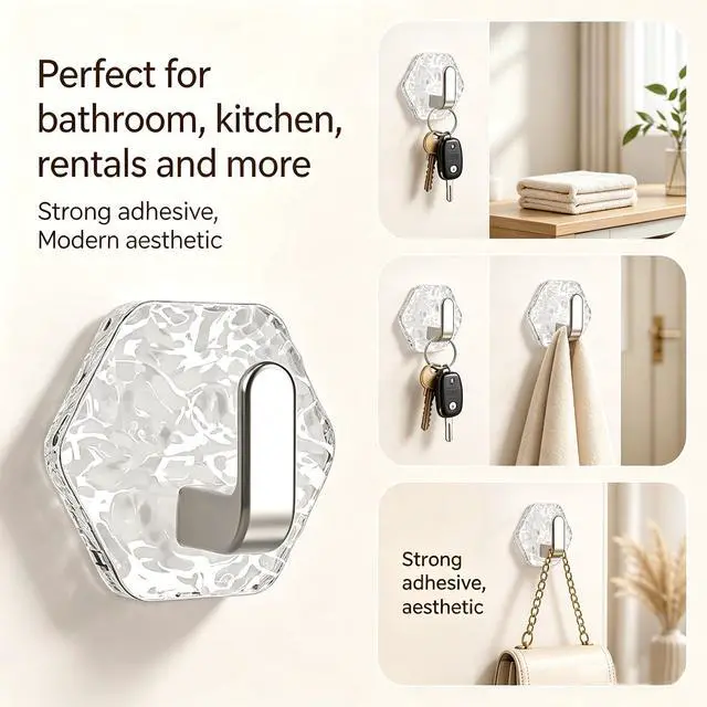 Alt view image 3 of 7 - 10PCS Self Adhesive Hooks, Water Ripple Hexagonal Heavy Duty Adhesive Wall Hooks for Hanging, Damage-Free Hanging Wall Hook with Adhesive for Kitchen, Door, Towel Hooks for Bathrooms(Silver)