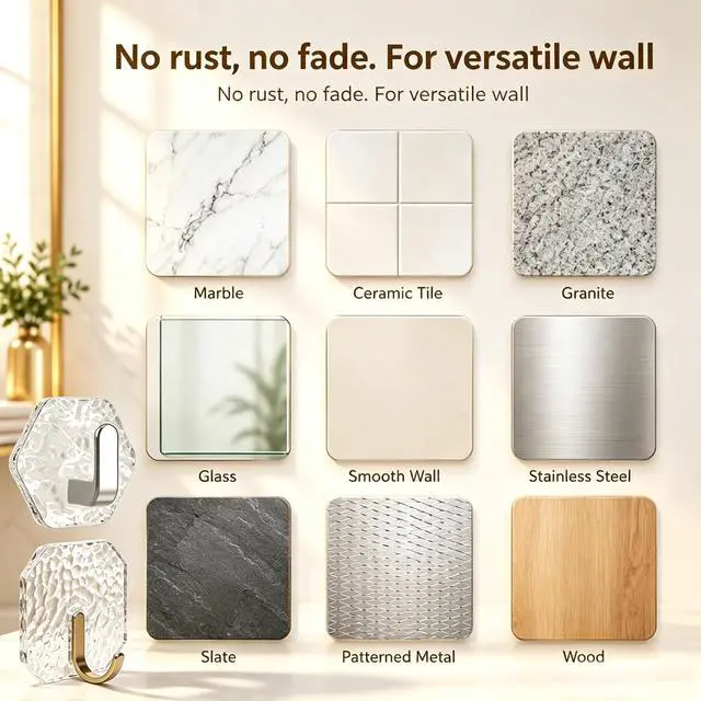 Alt view image 5 of 7 - 10PCS Self Adhesive Hooks, Water Ripple Hexagonal Heavy Duty Adhesive Wall Hooks for Hanging, Damage-Free Hanging Wall Hook with Adhesive for Kitchen, Door, Towel Hooks for Bathrooms(Silver)