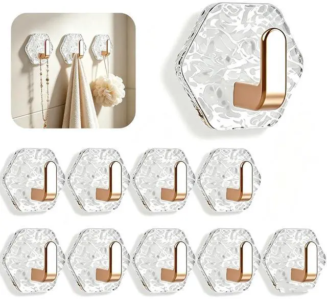 Main image of 10PCS Water Ripple Hexagonal Self Adhesive Hooks, No Drill Wall Hooks, Self-Adhesive Hooks Easy Installation Bathroom Kitchen Wall Hook for Towels, Keys & Home Decor, Home Organization