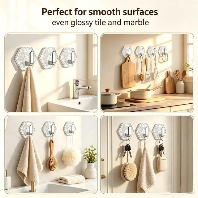 Alt view image 7 of 7 - 10PCS Self Adhesive Hooks, Water Ripple Hexagonal Heavy Duty Adhesive Wall Hooks for Hanging, Damage-Free Hanging Wall Hook with Adhesive for Kitchen, Door, Towel Hooks for Bathrooms(Silver)