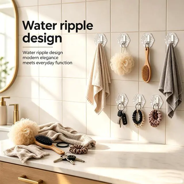 Alt view image 6 of 7 - 10PCS Self Adhesive Hooks, Water Ripple Hexagonal Heavy Duty Adhesive Wall Hooks for Hanging, Damage-Free Hanging Wall Hook with Adhesive for Kitchen, Door, Towel Hooks for Bathrooms(Silver)