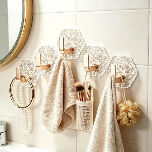 Alt view image 2 of 6 - 10PCS Water Ripple Hexagonal Self Adhesive Hooks, No Drill Wall Hooks, Self-Adhesive Hooks Easy Installation Bathroom Kitchen Wall Hook for Towels, Keys & Home Decor, Home Organization