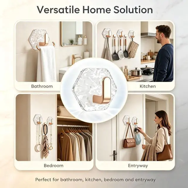 Alt view image 3 of 6 - 10PCS Water Ripple Hexagonal Self Adhesive Hooks, No Drill Wall Hooks, Self-Adhesive Hooks Easy Installation Bathroom Kitchen Wall Hook for Towels, Keys & Home Decor, Home Organization