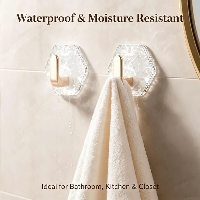 Alt view image 5 of 6 - 10PCS Water Ripple Hexagonal Self Adhesive Hooks, No Drill Wall Hooks, Self-Adhesive Hooks Easy Installation Bathroom Kitchen Wall Hook for Towels, Keys & Home Decor, Home Organization