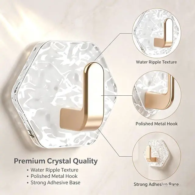 Alt view image 4 of 6 - 10PCS Water Ripple Hexagonal Self Adhesive Hooks, No Drill Wall Hooks, Self-Adhesive Hooks Easy Installation Bathroom Kitchen Wall Hook for Towels, Keys & Home Decor, Home Organization