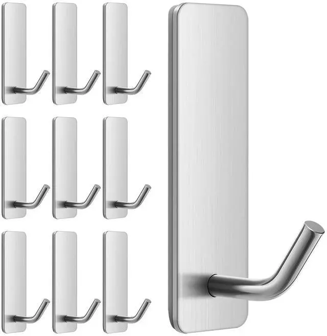 Main image of Small Self Adhesive Wall Hooks for Towels, Stainless Steel, 10 Pack, Silver
