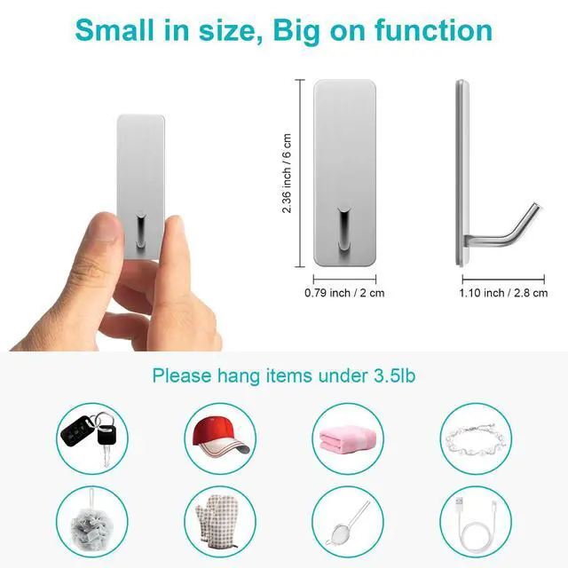 Alt view image 4 of 7 - Small Self Adhesive Wall Hooks for Towels, Stainless Steel, 10 Pack, Silver