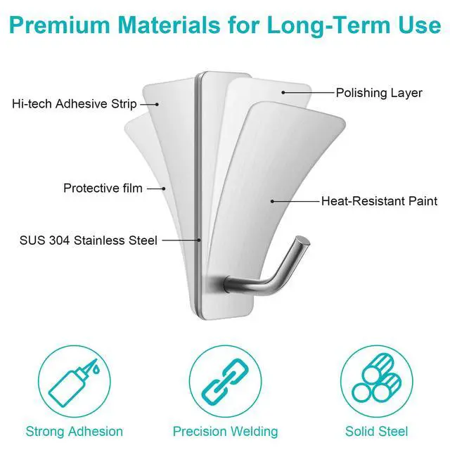 Alt view image 5 of 7 - Small Self Adhesive Wall Hooks for Towels, Stainless Steel, 10 Pack, Silver