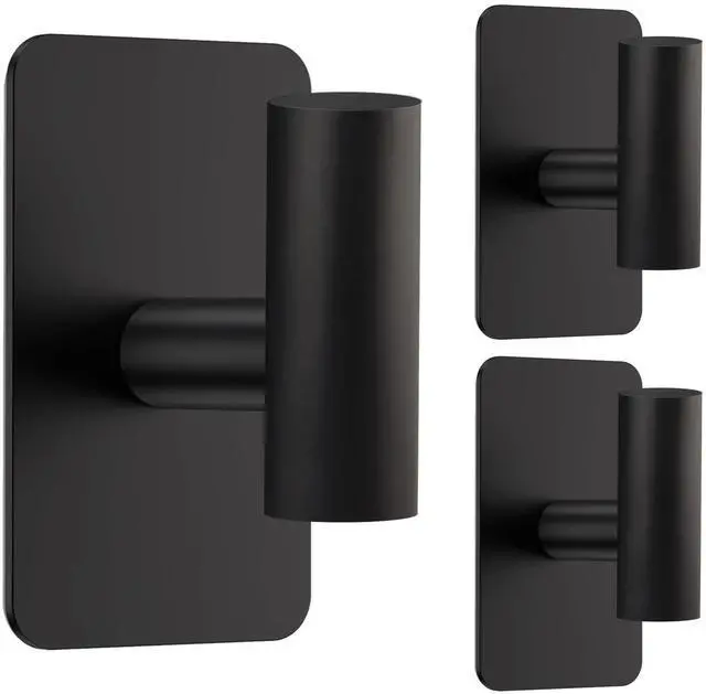Main image of Adhesive Towel Hooks, Black Sticky Holder for Walls No Damage, Heavy Duty Coat Hooks for Hanging Removable, Waterproof Shower Hook Wreath Hangrs for Door, Bathroom, Windows, Kitchen (3 Pack)