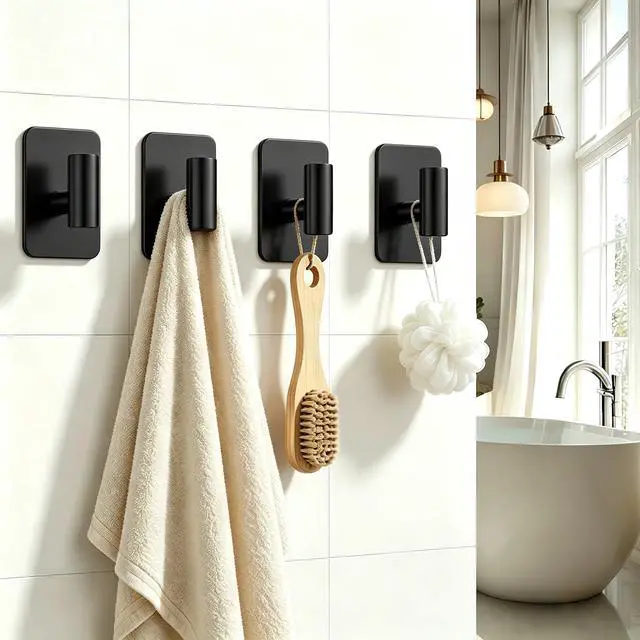 Alt view image 2 of 6 - Adhesive Towel Hooks, Black Sticky Holder for Walls No Damage, Heavy Duty Coat Hooks for Hanging Removable, Waterproof Shower Hook Wreath Hangrs for Door, Bathroom, Windows, Kitchen (3 Pack)