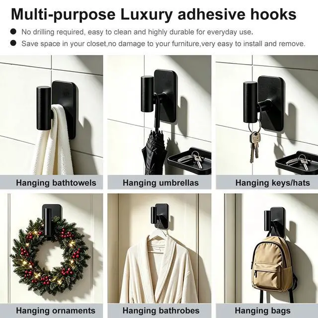 Alt view image 5 of 6 - Adhesive Towel Hooks, Black Sticky Holder for Walls No Damage, Heavy Duty Coat Hooks for Hanging Removable, Waterproof Shower Hook Wreath Hangrs for Door, Bathroom, Windows, Kitchen (3 Pack)