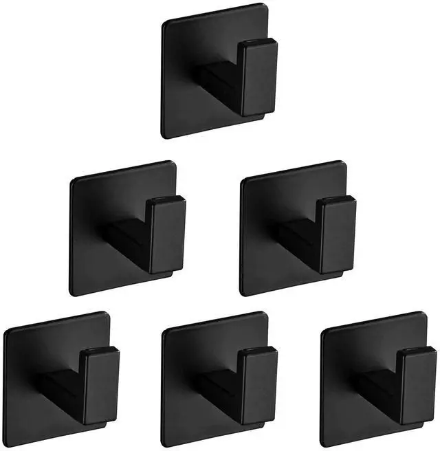 Main image of Bath Towel Hook,6 Pack Self Adhesive Square Coat Hooks, Sturdy No Drilling Robe Hook, Heavy Duty Aluminum Clothes Hanger, Wall Hooks for Bathroom Bedroom Kitchen (2 Inch,Black)