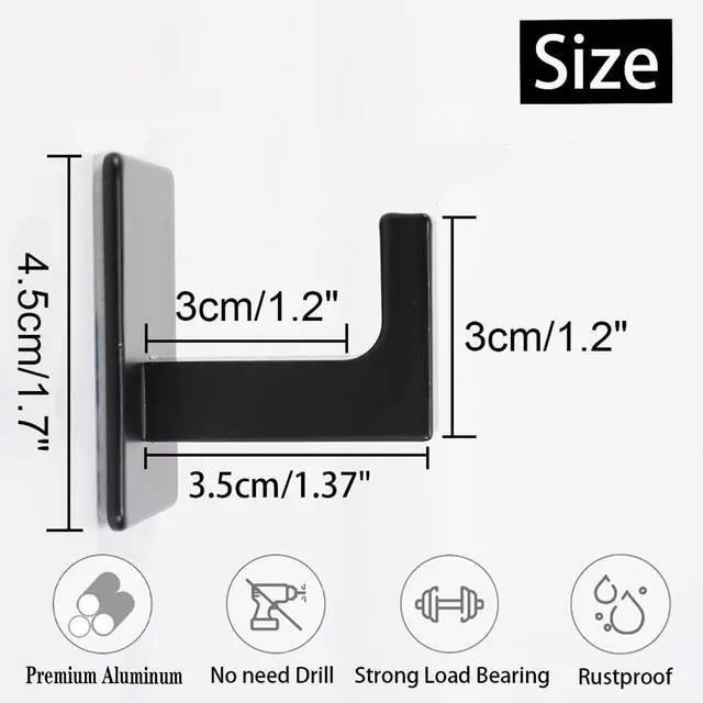Alt view image 4 of 7 - Bath Towel Hook,6 Pack Self Adhesive Square Coat Hooks, Sturdy No Drilling Robe Hook, Heavy Duty Aluminum Clothes Hanger, Wall Hooks for Bathroom Bedroom Kitchen (2 Inch,Black)