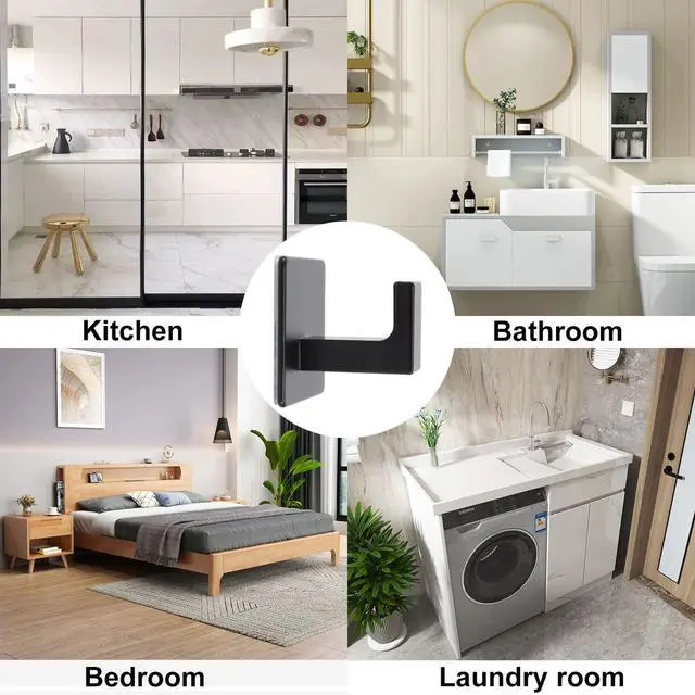 Alt view image 6 of 7 - Bath Towel Hook,6 Pack Self Adhesive Square Coat Hooks, Sturdy No Drilling Robe Hook, Heavy Duty Aluminum Clothes Hanger, Wall Hooks for Bathroom Bedroom Kitchen (2 Inch,Black)