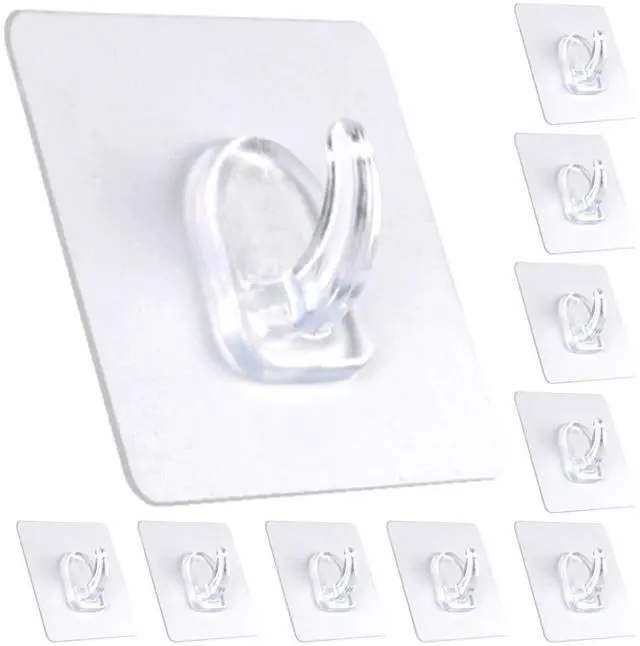 Main image of Adhesive Hooks, Heavy Duty Utility Hooks 20 lb(Max) Waterproof and Oilproof Removable, Clear Seamless Hooks Reusable Wall Hook for Kitchen Bathroom Bedroom Office - 10 Pack
