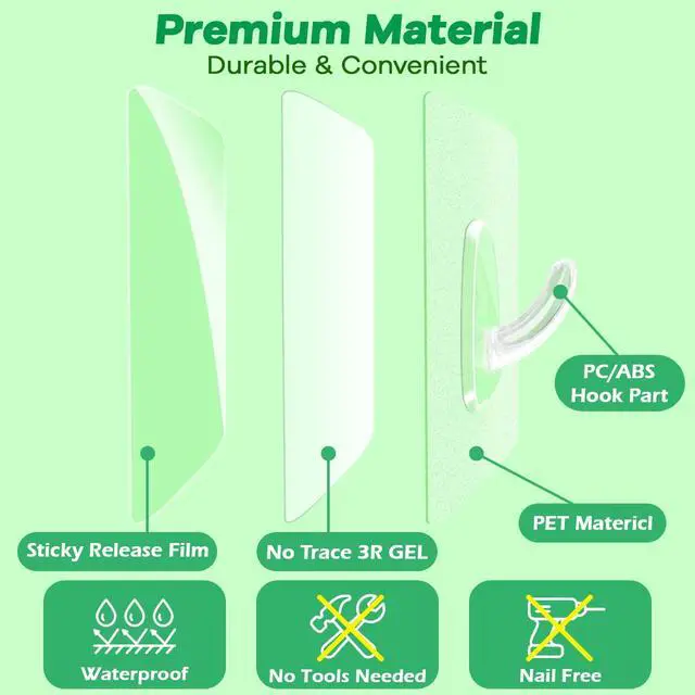 Alt view image 2 of 7 - Adhesive Hooks, Heavy Duty Utility Hooks 20 lb(Max) Waterproof and Oilproof Removable, Clear Seamless Hooks Reusable Wall Hook for Kitchen Bathroom Bedroom Office - 10 Pack
