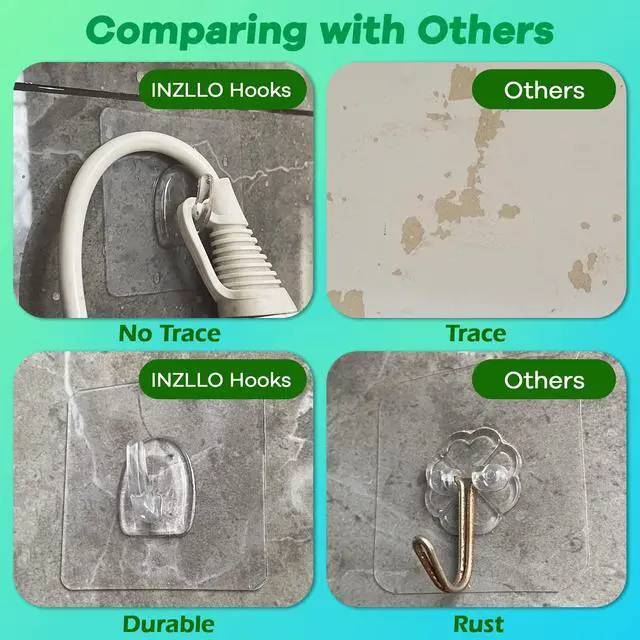 Alt view image 6 of 7 - Adhesive Hooks, Heavy Duty Utility Hooks 20 lb(Max) Waterproof and Oilproof Removable, Clear Seamless Hooks Reusable Wall Hook for Kitchen Bathroom Bedroom Office - 10 Pack