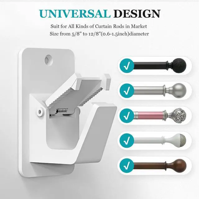 Alt view image 2 of 7 - Adhesive No Drill Curtain Rod Brackets - Heavy Duty 30LB Holders for Bathroom Bedroom Kitchen, Universal Damage-Free Window Rod Hooks with Nail-Free Installation (2PC White)