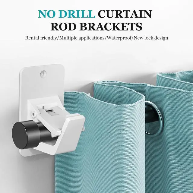 Alt view image 3 of 7 - Adhesive No Drill Curtain Rod Brackets - Heavy Duty 30LB Holders for Bathroom Bedroom Kitchen, Universal Damage-Free Window Rod Hooks with Nail-Free Installation (2PC White)