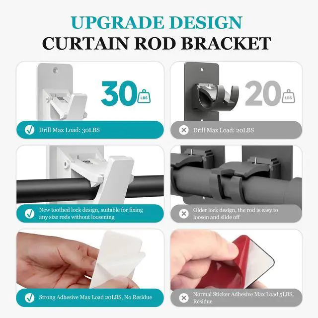 Alt view image 4 of 7 - Adhesive No Drill Curtain Rod Brackets - Heavy Duty 30LB Holders for Bathroom Bedroom Kitchen, Universal Damage-Free Window Rod Hooks with Nail-Free Installation (2PC White)