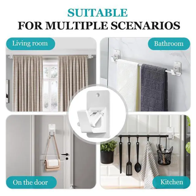 Alt view image 6 of 7 - Adhesive No Drill Curtain Rod Brackets - Heavy Duty 30LB Holders for Bathroom Bedroom Kitchen, Universal Damage-Free Window Rod Hooks with Nail-Free Installation (2PC White)