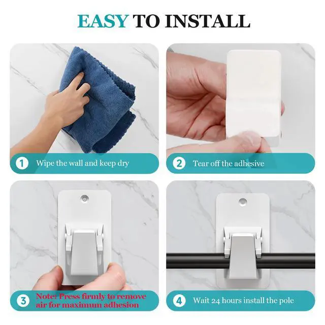 Alt view image 7 of 7 - Adhesive No Drill Curtain Rod Brackets - Heavy Duty 30LB Holders for Bathroom Bedroom Kitchen, Universal Damage-Free Window Rod Hooks with Nail-Free Installation (2PC White)