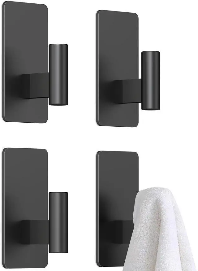 Main image of Wall Hooks Adhesive for Hanging Coat, Towel, Robe, Backpack, Black Heavy Duty Sticky Hooks for Bathroom, Door, Closet, 4 Pack