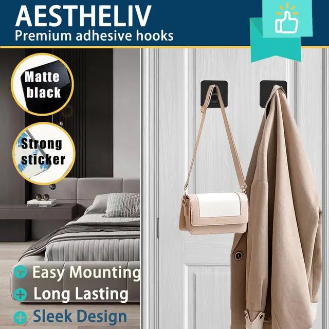 Alt view image 2 of 7 - Adhesive Hooks for Hanging - 4 PCs, Towels Hooks for Bathroom, Sticky Hooks for Walls No Damage, Adhesive Hook for Outside, Kitchen, Bathroom, Office (Black 1)