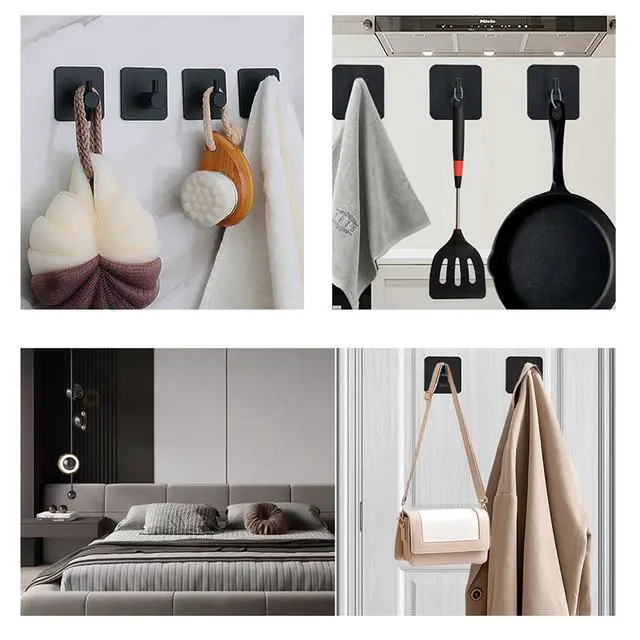 Alt view image 4 of 7 - Adhesive Hooks for Hanging - 4 PCs, Towels Hooks for Bathroom, Sticky Hooks for Walls No Damage, Adhesive Hook for Outside, Kitchen, Bathroom, Office (Black 1)
