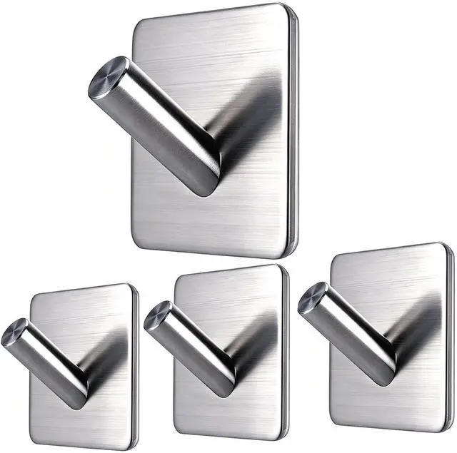 Main image of Adhesive Wall Hooks, 15lbs Locking Curve Anti Slip Stainless Steel No Drill Stick On Hooks for Bathroom Shower Towel Coat Kitchen Silver 4 Packs