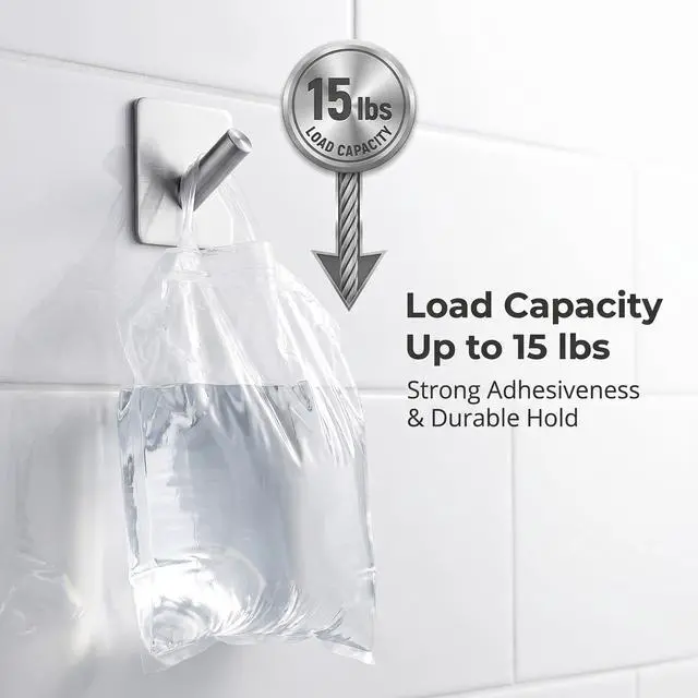 Alt view image 3 of 7 - Adhesive Wall Hooks, 15lbs Locking Curve Anti Slip Stainless Steel No Drill Stick On Hooks for Bathroom Shower Towel Coat Kitchen Silver 4 Packs