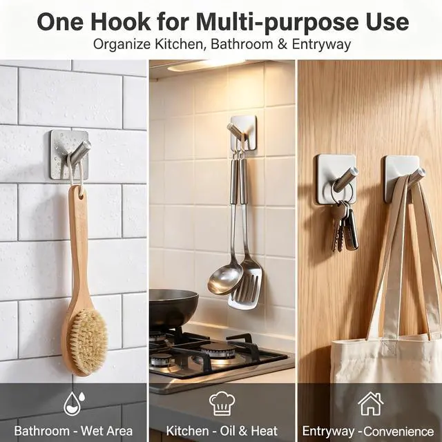 Alt view image 5 of 7 - Adhesive Wall Hooks, 15lbs Locking Curve Anti Slip Stainless Steel No Drill Stick On Hooks for Bathroom Shower Towel Coat Kitchen Silver 4 Packs
