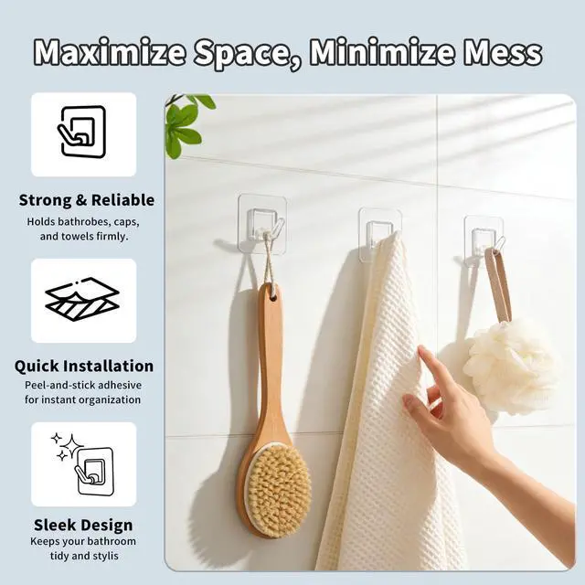 Alt view image 5 of 7 - 20 Pack Adhesive Wall Hooks for Hanging, Clear Adhesive Towel Coat Hooks, Damage Free Sticky Utility Hooks for Bathroom, Outdoor, Kitchen, Door