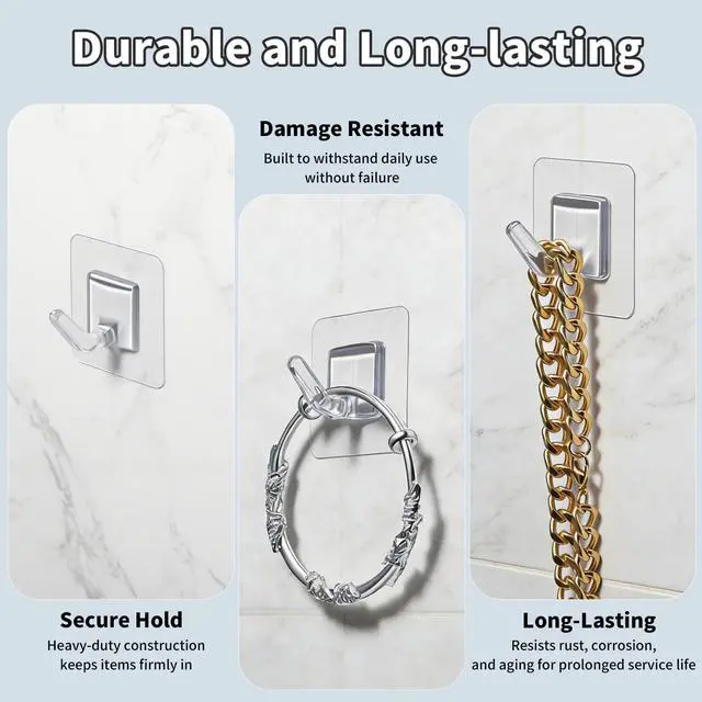 Alt view image 6 of 7 - 20 Pack Adhesive Wall Hooks for Hanging, Clear Adhesive Towel Coat Hooks, Damage Free Sticky Utility Hooks for Bathroom, Outdoor, Kitchen, Door