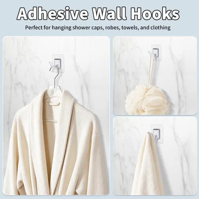 Alt view image 4 of 7 - 20 Pack Adhesive Wall Hooks for Hanging, Clear Adhesive Towel Coat Hooks, Damage Free Sticky Utility Hooks for Bathroom, Outdoor, Kitchen, Door