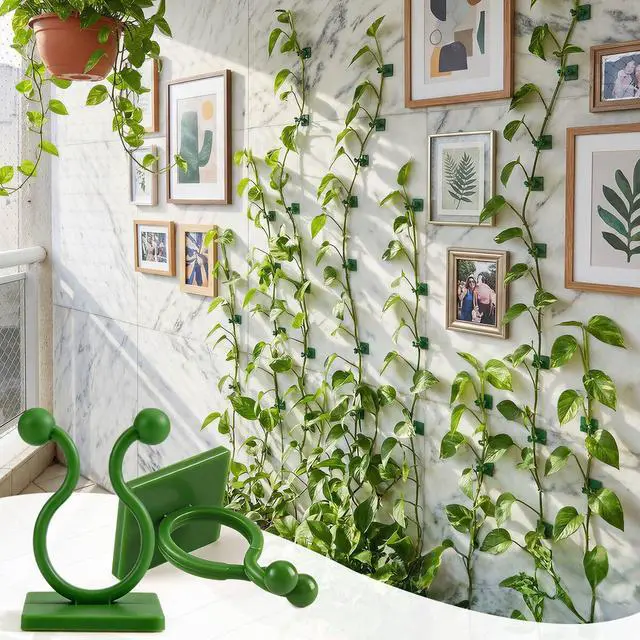 Alt view image 3 of 7 - 100 Pcs Plant Climbing Wall Fixture Clips, Green Plant Fixer with Self-Adhesive Hook, Fixing Clip Vines Holder for Indoor Outdoor Plants Support Cable Wire (Medium)
