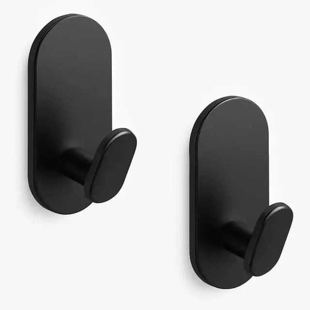 Main image of Adhesive Towel Hooks for Bathrooms 2 Pack Matte Black Stainless Steel and Zinc Alloy Sticky Wall Hooks for Hanging Heavy Duty Self Adhesive Robe Shower Hanger for Kitchen, Closet, Cabinet, Door