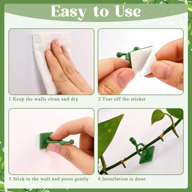 Alt view image 7 of 7 - 100 Pcs Plant Climbing Wall Fixture Clips, Green Plant Fixer with Self-Adhesive Hook, Fixing Clip Vines Holder for Indoor Outdoor Plants Support Cable Wire (Medium)