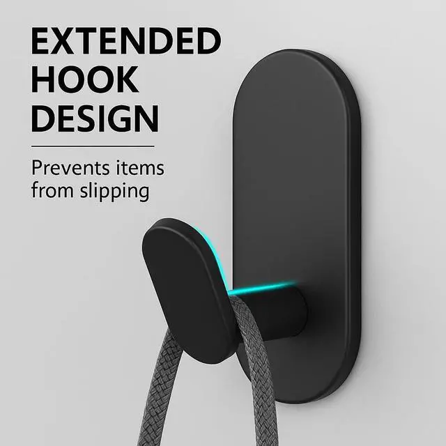Alt view image 4 of 7 - Adhesive Towel Hooks for Bathrooms 2 Pack Matte Black Stainless Steel and Zinc Alloy Sticky Wall Hooks for Hanging Heavy Duty Self Adhesive Robe Shower Hanger for Kitchen, Closet, Cabinet, Door