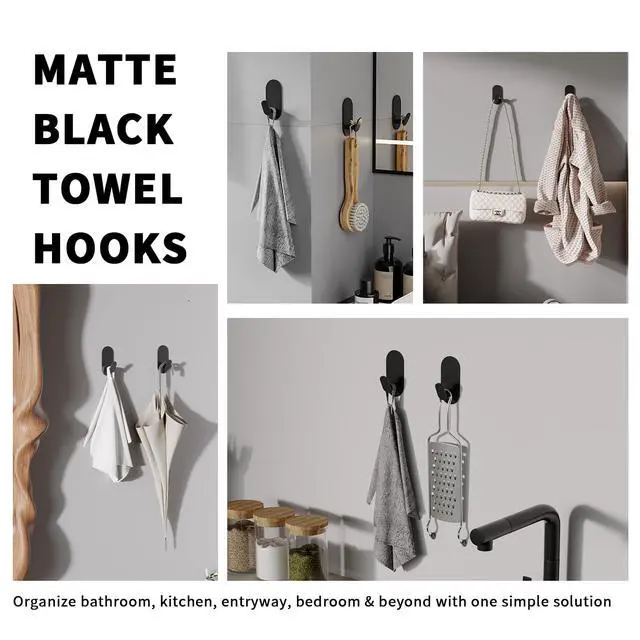 Alt view image 2 of 7 - Adhesive Towel Hooks for Bathrooms 2 Pack Matte Black Stainless Steel and Zinc Alloy Sticky Wall Hooks for Hanging Heavy Duty Self Adhesive Robe Shower Hanger for Kitchen, Closet, Cabinet, Door