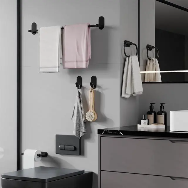 Alt view image 5 of 7 - Adhesive Towel Hooks for Bathrooms 2 Pack Matte Black Stainless Steel and Zinc Alloy Sticky Wall Hooks for Hanging Heavy Duty Self Adhesive Robe Shower Hanger for Kitchen, Closet, Cabinet, Door