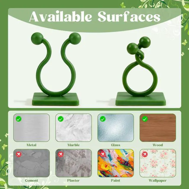 Alt view image 6 of 7 - 100 Pcs Plant Climbing Wall Fixture Clips, Green Plant Fixer with Self-Adhesive Hook, Fixing Clip Vines Holder for Indoor Outdoor Plants Support Cable Wire (Medium)