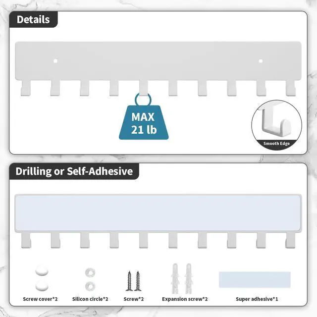 Alt view image 3 of 6 - Key Holder for Wall, Key Hooks with 10 Hooks, Wall Mounted Key Holder for Hallway, Self Adhesive Key Rack(White)