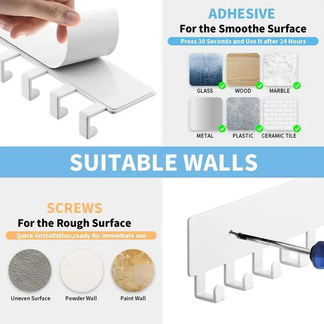 Alt view image 4 of 6 - Key Holder for Wall, Key Hooks with 10 Hooks, Wall Mounted Key Holder for Hallway, Self Adhesive Key Rack(White)